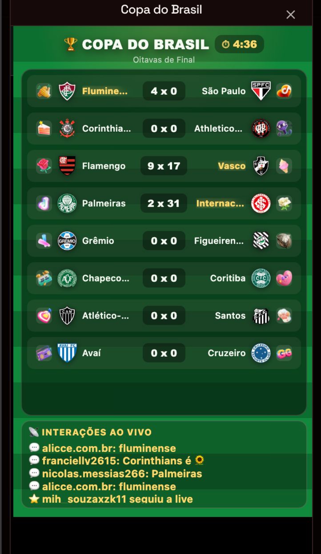 Copa do Brasil funcionando na live